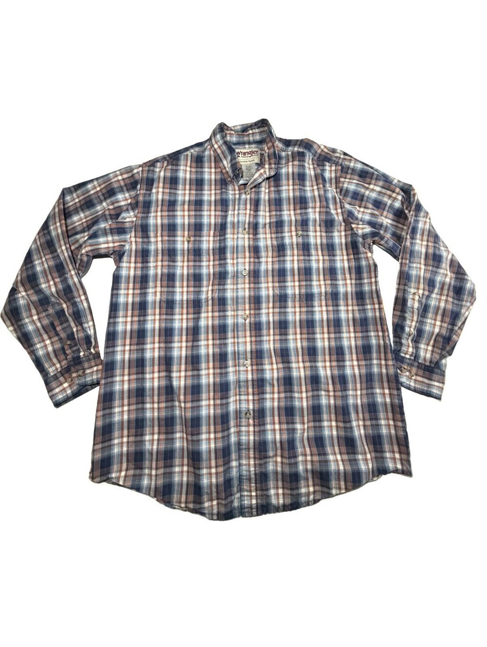 Wrangler Rugged Wear Wrinkle Resistant Plaid Button-Down Shirt Blue/Orange Sz L